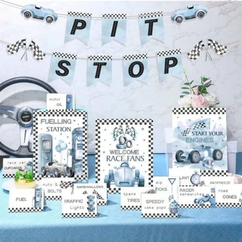 D19 Pcs Race Car Party Decorations Kit- Two Fast Blue Race Car Birthday Decor 2 Fast Dusty Blue Black Wheel Checkered For Baby Shower Party