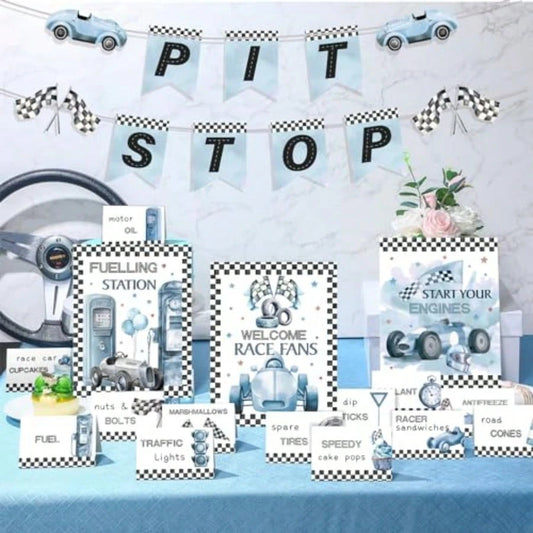 D19 Pcs Race Car Party Decorations Kit- Two Fast Blue Race Car Birthday Decor 2 Fast Dusty Blue Black Wheel Checkered For Baby Shower Party