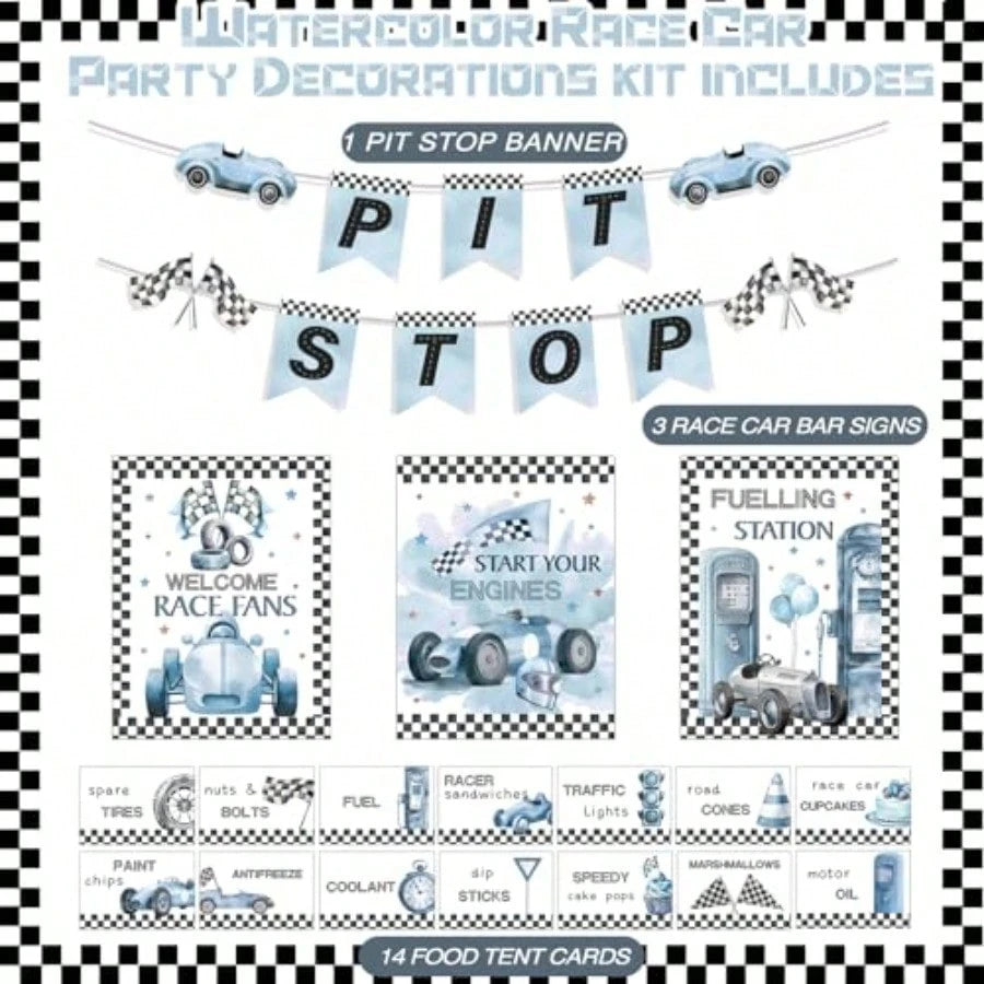 D19 Pcs Race Car Party Decorations Kit- Two Fast Blue Race Car Birthday Decor 2 Fast Dusty Blue Black Wheel Checkered For Baby Shower Party