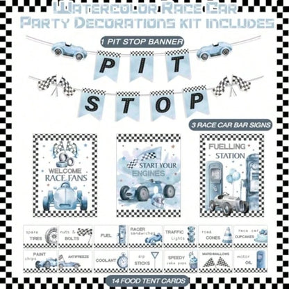 D19 Pcs Race Car Party Decorations Kit- Two Fast Blue Race Car Birthday Decor 2 Fast Dusty Blue Black Wheel Checkered For Baby Shower Party