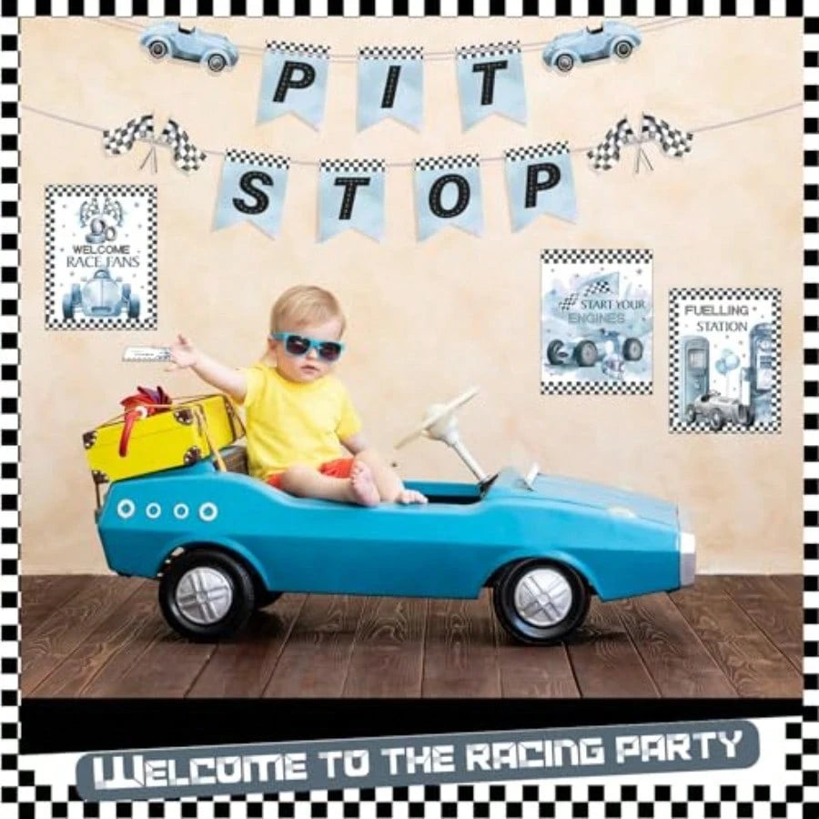 D19 Pcs Race Car Party Decorations Kit- Two Fast Blue Race Car Birthday Decor 2 Fast Dusty Blue Black Wheel Checkered For Baby Shower Party