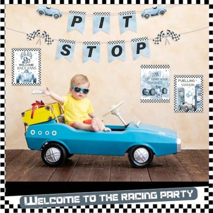 D19 Pcs Race Car Party Decorations Kit- Two Fast Blue Race Car Birthday Decor 2 Fast Dusty Blue Black Wheel Checkered For Baby Shower Party