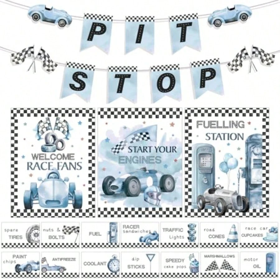 D19 Pcs Race Car Party Decorations Kit- Two Fast Blue Race Car Birthday Decor 2 Fast Dusty Blue Black Wheel Checkered For Baby Shower Party