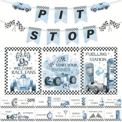 D19 Pcs Race Car Party Decorations Kit- Two Fast Blue Race Car Birthday Decor 2 Fast Dusty Blue Black Wheel Checkered For Baby Shower Party