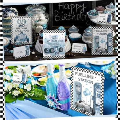 D19 Pcs Race Car Party Decorations Kit- Two Fast Blue Race Car Birthday Decor 2 Fast Dusty Blue Black Wheel Checkered For Baby Shower Party