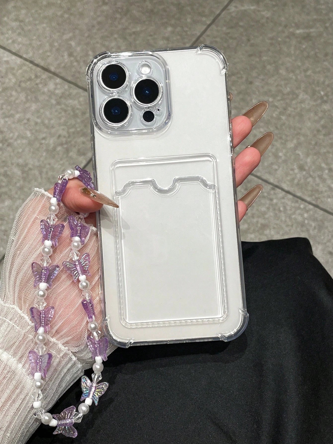 Daily Commute Essential, Durable Transparent TPU Phone Case With Built-In Card Slot, Pearl Butterfly Phone Lanyard, Suitable For Men And Women, Compatible With Apple 17/17 Air/17 Pro/17 Pro Max, 16/15