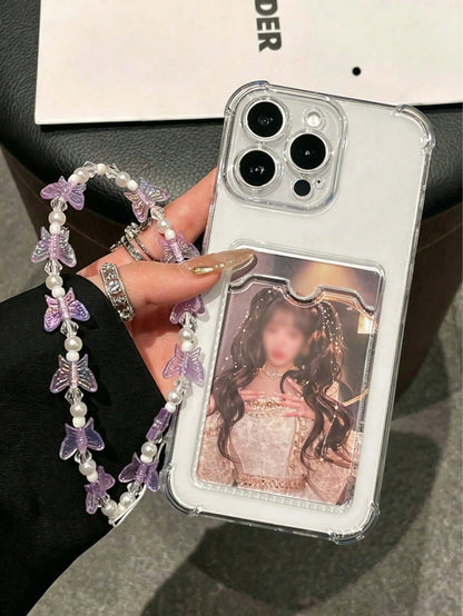 Daily Commute Essential, Durable Transparent TPU Phone Case With Built-In Card Slot, Pearl Butterfly Phone Lanyard, Suitable For Men And Women, Compatible With Apple 17/17 Air/17 Pro/17 Pro Max, 16/15