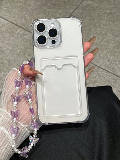 Daily Commute Essential, Durable Transparent TPU Phone Case With Built-In Card Slot, Pearl Butterfly Phone Lanyard, Suitable For Men And Women, Compatible With Apple 17/17 Air/17 Pro/17 Pro Max, 16/15