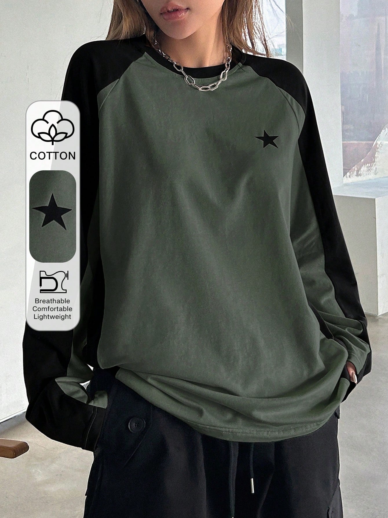 DAZY Color Block Short Sleeve Tee With Star Print And Raglan Sleeves Y2k,Fall Clothes Long Sleeve Women Tops School