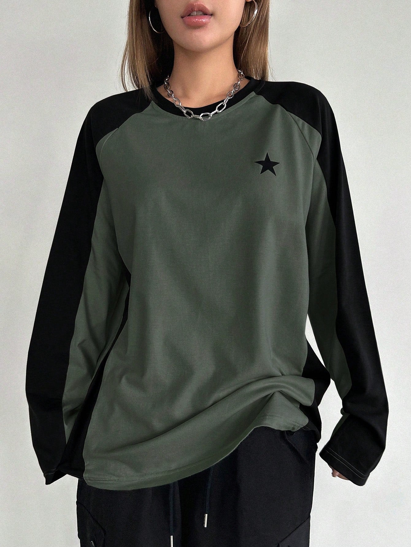 DAZY Color Block Short Sleeve Tee With Star Print And Raglan Sleeves Y2k,Fall Clothes Long Sleeve Women Tops School