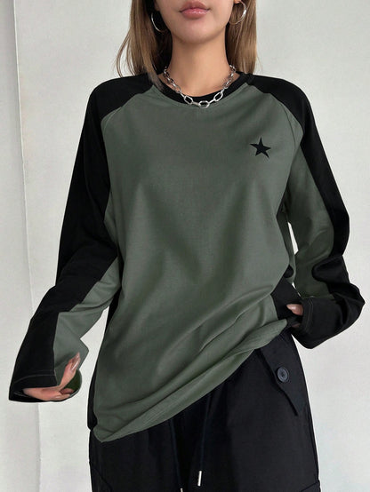 DAZY Color Block Short Sleeve Tee With Star Print And Raglan Sleeves Y2k,Fall Clothes Long Sleeve Women Tops School