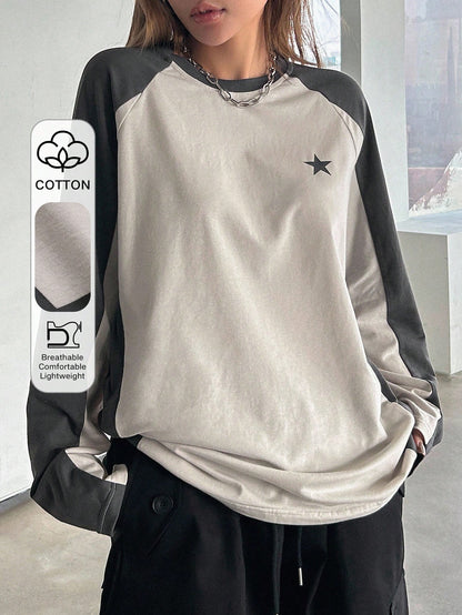 DAZY Color Block Short Sleeve Tee With Star Print And Raglan Sleeves Y2k,Fall Clothes Long Sleeve Women Tops School