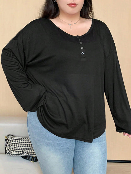Dazy Plus Solid Color Round Neck Half-Open Front Long Sleeve T-Shirt, Spring/Summer Preppy Tops