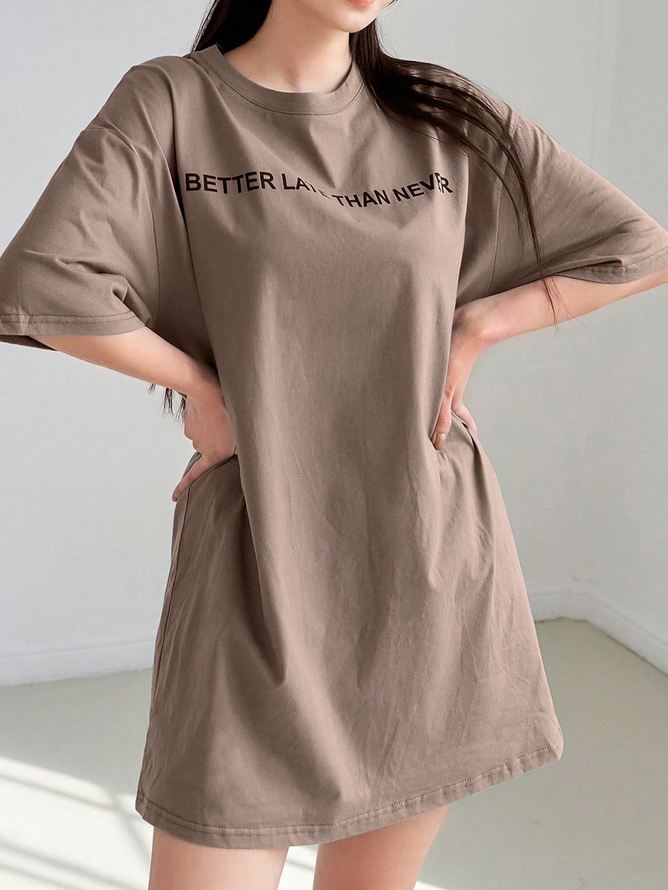 DAZY Slogan Graphic Drop Shoulder Tee Dress Sundress,Casual Women Dresses