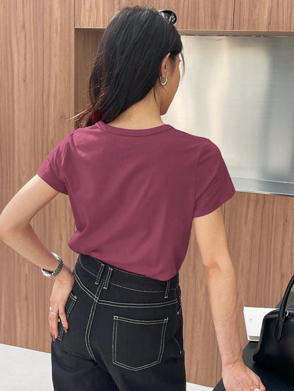 DAZY Solid Color Embroidered Heart Short Sleeve T-Shirt Summer,Business Casual Women