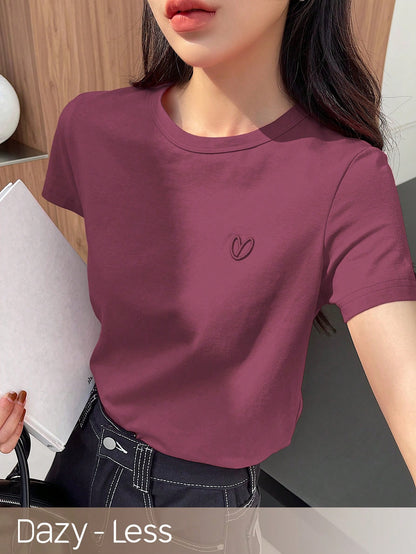 DAZY Solid Color Embroidered Heart Short Sleeve T-Shirt Summer,Business Casual Women
