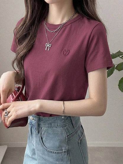 DAZY Solid Color Embroidered Heart Short Sleeve T-Shirt Summer,Business Casual Women
