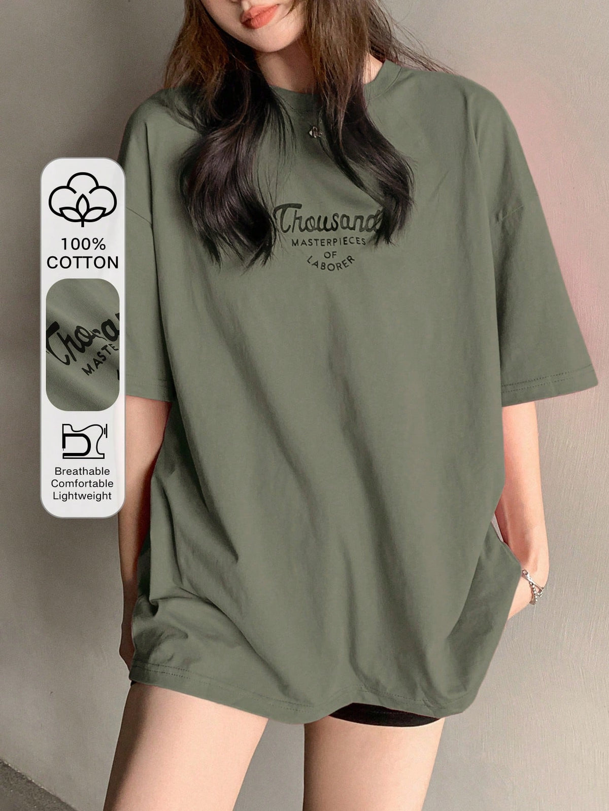DAZY Women's Letter Print Drop Shoulder T-Shirt Thousand MASTERPIECES OF LABORER Summer Oversized T-Shirt