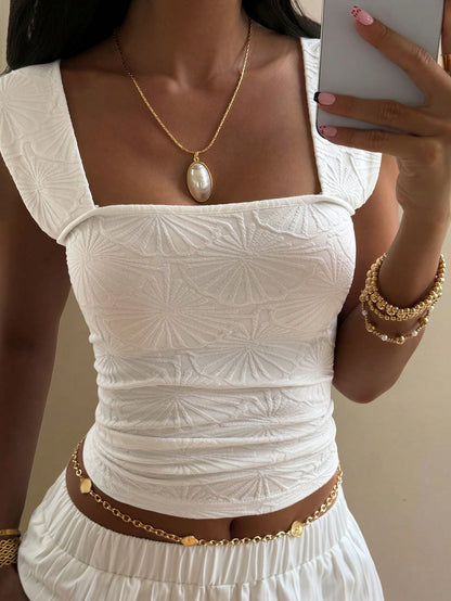 DAZY Women's Solid Color Square Neck Wide Strap Fitted Embossed Summer Tank Top Y2K
