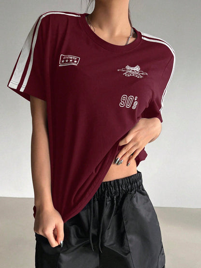 DAZY Women Summer Short Sleeve Casual T-Shirt With Motorcycle Style Letter Print And Striped Decoration Jersey,Fall Clothes
