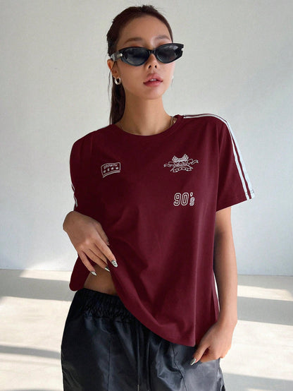 DAZY Women Summer Short Sleeve Casual T-Shirt With Motorcycle Style Letter Print And Striped Decoration Jersey,Fall Clothes
