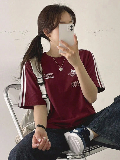 DAZY Women Summer Short Sleeve Casual T-Shirt With Motorcycle Style Letter Print And Striped Decoration Jersey,Fall Clothes