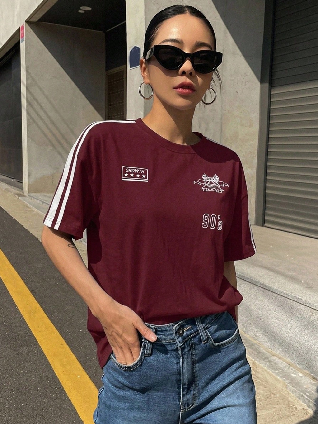 DAZY Women Summer Short Sleeve Casual T-Shirt With Motorcycle Style Letter Print And Striped Decoration Jersey,Fall Clothes