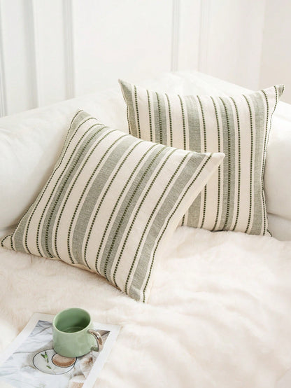 Decorative Bohemian Style Throw Pillow Cover, Farmhouse Texture Cushion Cover, 18 X 18 Inches, Suitable For Chairs, Sofas, Bedrooms, Living Rooms And Home Decor, Olive Green And Beige Striped (1 Piece