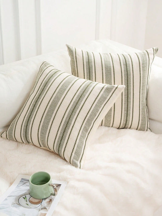 Decorative Bohemian Style Throw Pillow Cover, Farmhouse Texture Cushion Cover, 18 X 18 Inches, Suitable For Chairs, Sofas, Bedrooms, Living Rooms And Home Decor, Olive Green And Beige Striped (1 Piece