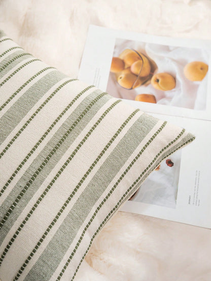 Decorative Bohemian Style Throw Pillow Cover, Farmhouse Texture Cushion Cover, 18 X 18 Inches, Suitable For Chairs, Sofas, Bedrooms, Living Rooms And Home Decor, Olive Green And Beige Striped (1 Piece
