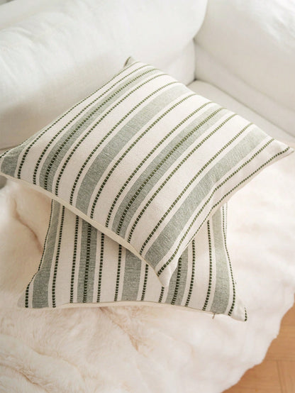 Decorative Bohemian Style Throw Pillow Cover, Farmhouse Texture Cushion Cover, 18 X 18 Inches, Suitable For Chairs, Sofas, Bedrooms, Living Rooms And Home Decor, Olive Green And Beige Striped (1 Piece