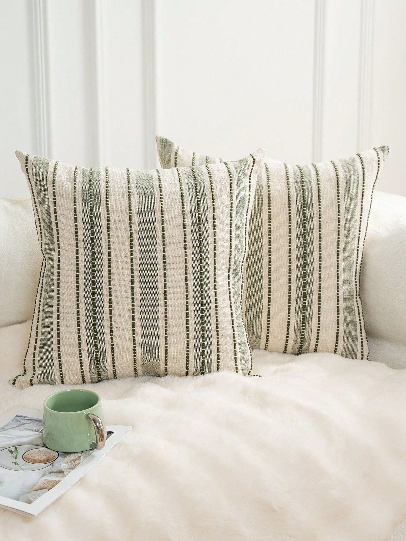 Decorative Bohemian Style Throw Pillow Cover, Farmhouse Texture Cushion Cover, 18 X 18 Inches, Suitable For Chairs, Sofas, Bedrooms, Living Rooms And Home Decor, Olive Green And Beige Striped (1 Piece