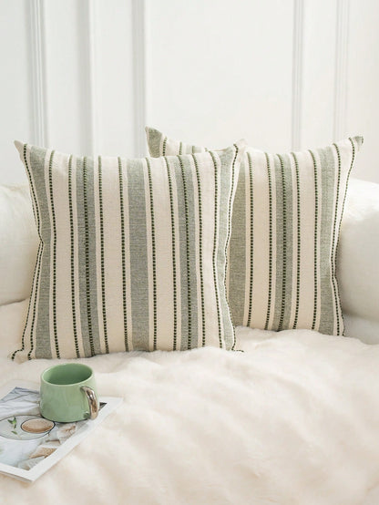 Decorative Bohemian Style Throw Pillow Cover, Farmhouse Texture Cushion Cover, 18 X 18 Inches, Suitable For Chairs, Sofas, Bedrooms, Living Rooms And Home Decor, Olive Green And Beige Striped (1 Piece