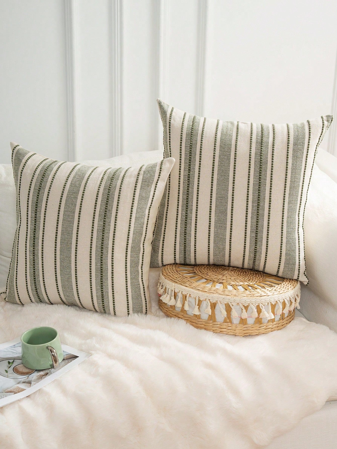 Decorative Bohemian Style Throw Pillow Cover, Farmhouse Texture Cushion Cover, 18 X 18 Inches, Suitable For Chairs, Sofas, Bedrooms, Living Rooms And Home Decor, Olive Green And Beige Striped (1 Piece