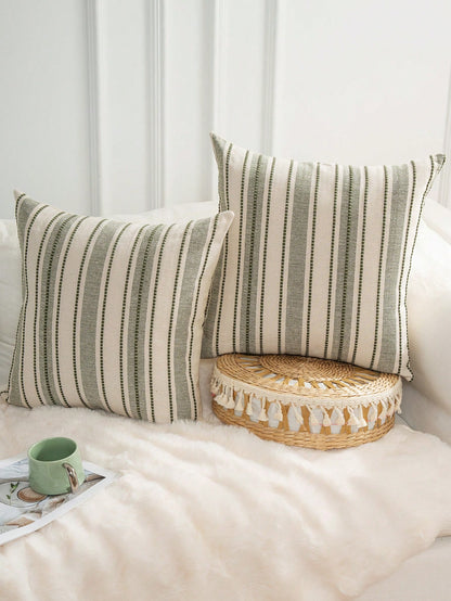 Decorative Bohemian Style Throw Pillow Cover, Farmhouse Texture Cushion Cover, 18 X 18 Inches, Suitable For Chairs, Sofas, Bedrooms, Living Rooms And Home Decor, Olive Green And Beige Striped (1 Piece