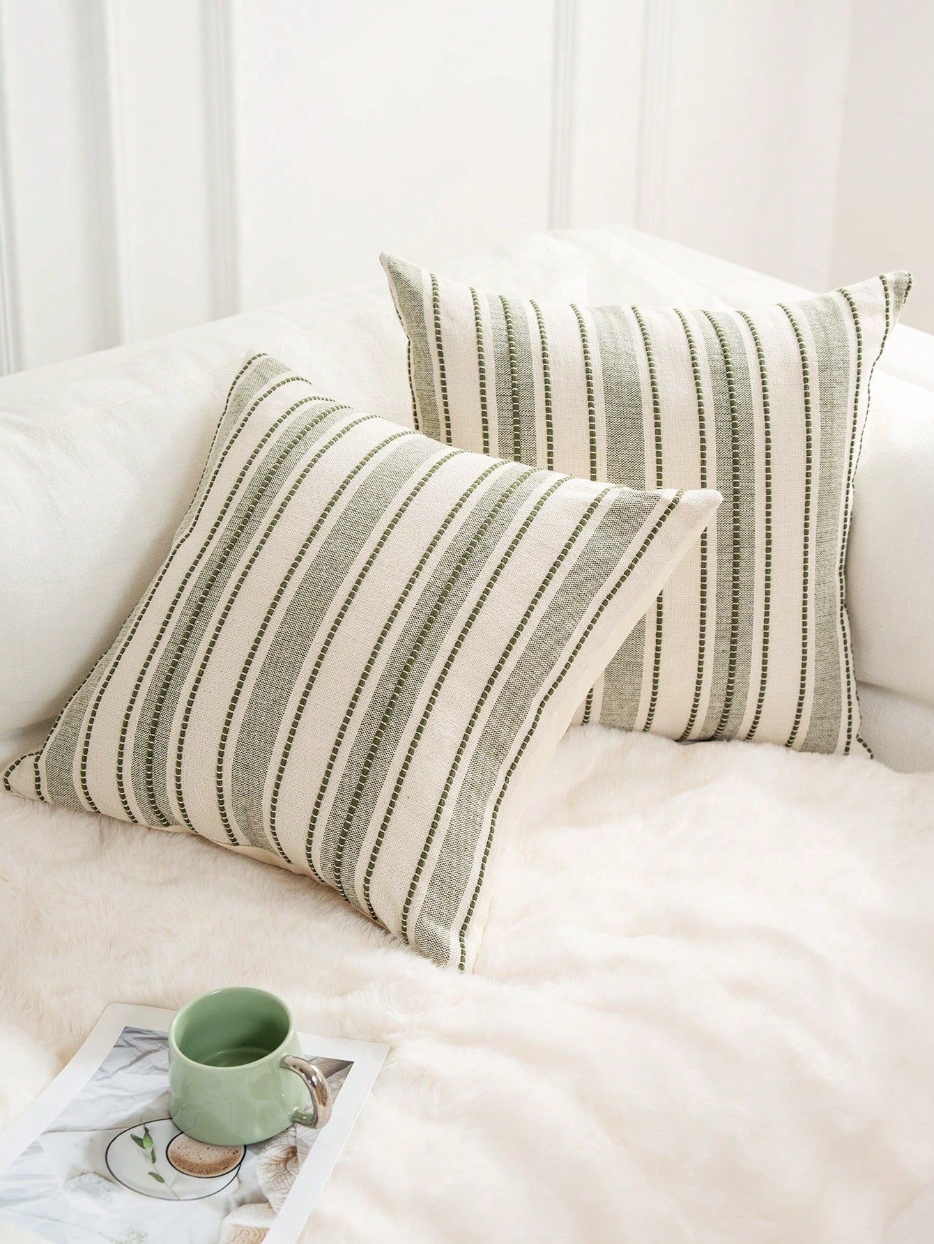 Decorative Bohemian Style Throw Pillow Cover, Farmhouse Texture Cushion Cover, 18 X 18 Inches, Suitable For Chairs, Sofas, Bedrooms, Living Rooms And Home Decor, Olive Green And Beige Striped (1 Piece