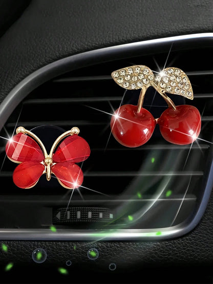 Diamond Inlaid Red Cherry Car Air Conditioning Vent Decoration Clip Air Conditioning Vent Decoration Car Interior Decoration Accessories