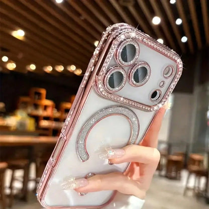 Diamond Transparent Phone Case With Magnetic Wireless Charging Protective Cover For IPhone 17 Pro Max, 16, 15, 14, 13, 12, 11 Pro, 14 Plus, 17