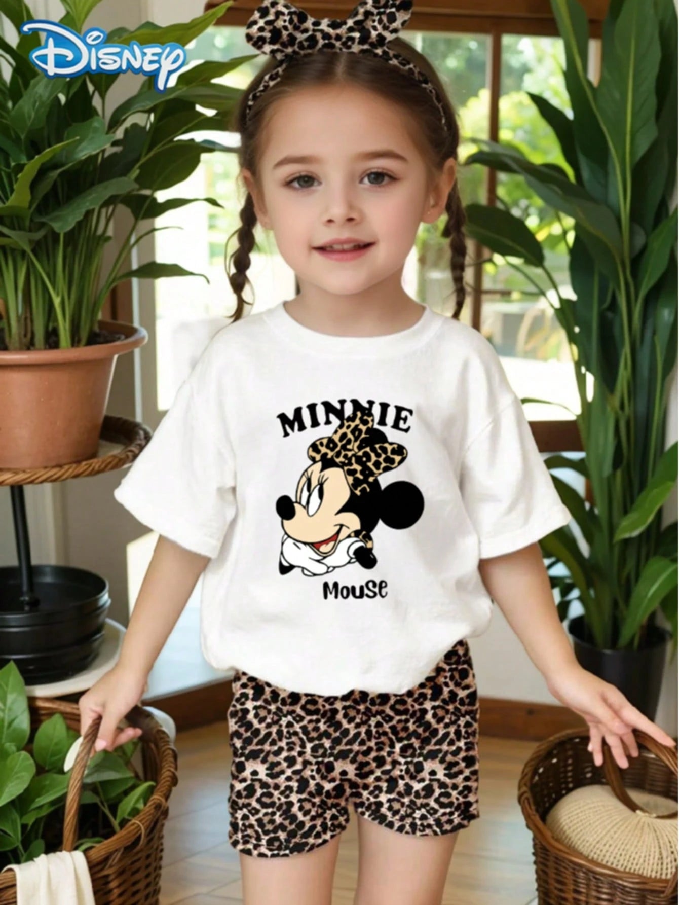 Disney Mickey Mouse Baby Girls' Letter Print Short Sleeve T-Shirt And Shorts Set, Cute Summer Outfit; Baby Girl Casual Vacation Leopard Print Elastic Waist Shorts, Outdoor Apparel