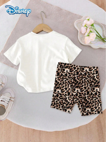 Disney Mickey Mouse Baby Girls' Letter Print Short Sleeve T-Shirt And Shorts Set, Cute Summer Outfit; Baby Girl Casual Vacation Leopard Print Elastic Waist Shorts, Outdoor Apparel