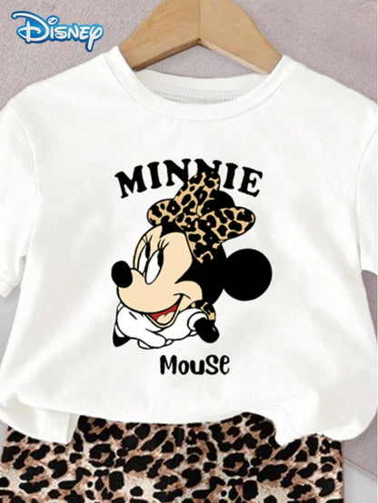 Disney Mickey Mouse Baby Girls' Letter Print Short Sleeve T-Shirt And Shorts Set, Cute Summer Outfit; Baby Girl Casual Vacation Leopard Print Elastic Waist Shorts, Outdoor Apparel