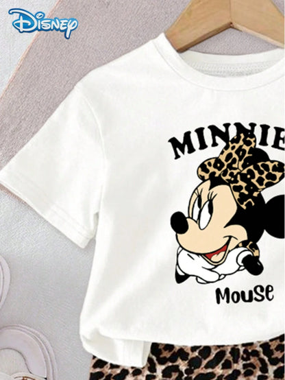 Disney Mickey Mouse Baby Girls' Letter Print Short Sleeve T-Shirt And Shorts Set, Cute Summer Outfit; Baby Girl Casual Vacation Leopard Print Elastic Waist Shorts, Outdoor Apparel