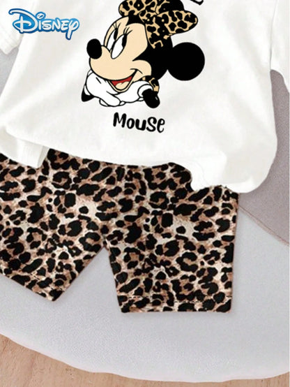 Disney Mickey Mouse Baby Girls' Letter Print Short Sleeve T-Shirt And Shorts Set, Cute Summer Outfit; Baby Girl Casual Vacation Leopard Print Elastic Waist Shorts, Outdoor Apparel