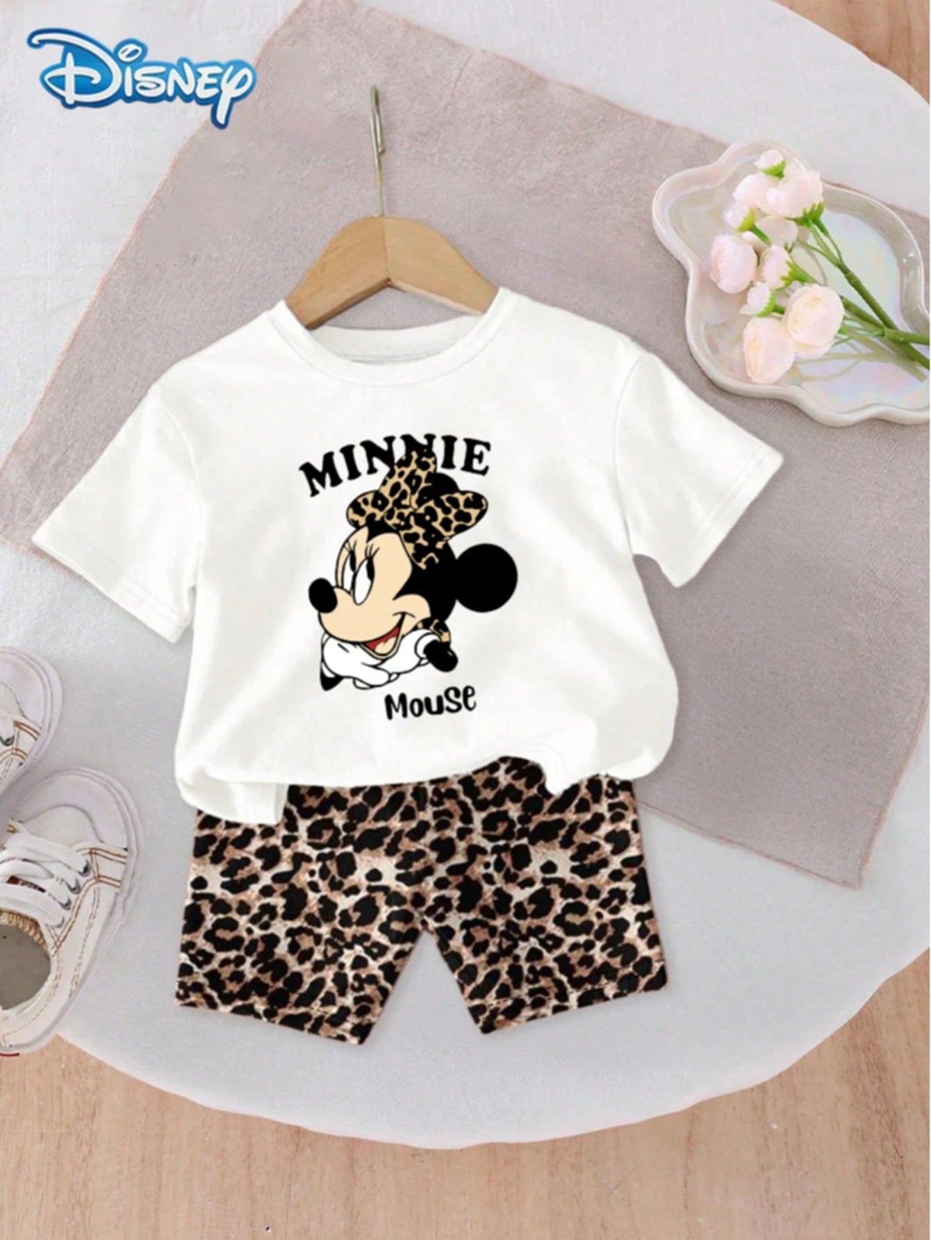 Disney Mickey Mouse Baby Girls' Letter Print Short Sleeve T-Shirt And Shorts Set, Cute Summer Outfit; Baby Girl Casual Vacation Leopard Print Elastic Waist Shorts, Outdoor Apparel