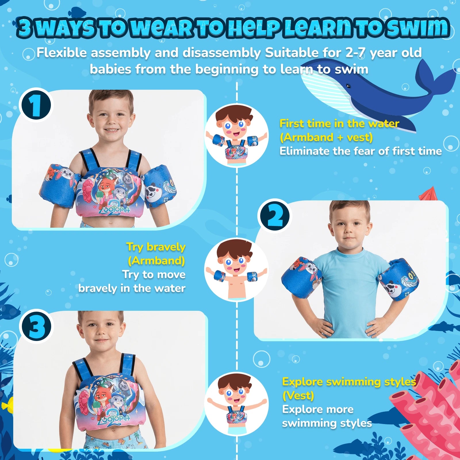 Disney Toddler Swim Vest, 3-In-1 Adjustable Toddler Floaties Kids 2-7 Years (22-66 Lbs), Detachable Pool Float & Arm Bands, Puddle Jumper Style For Pool, Beach, Swimming
