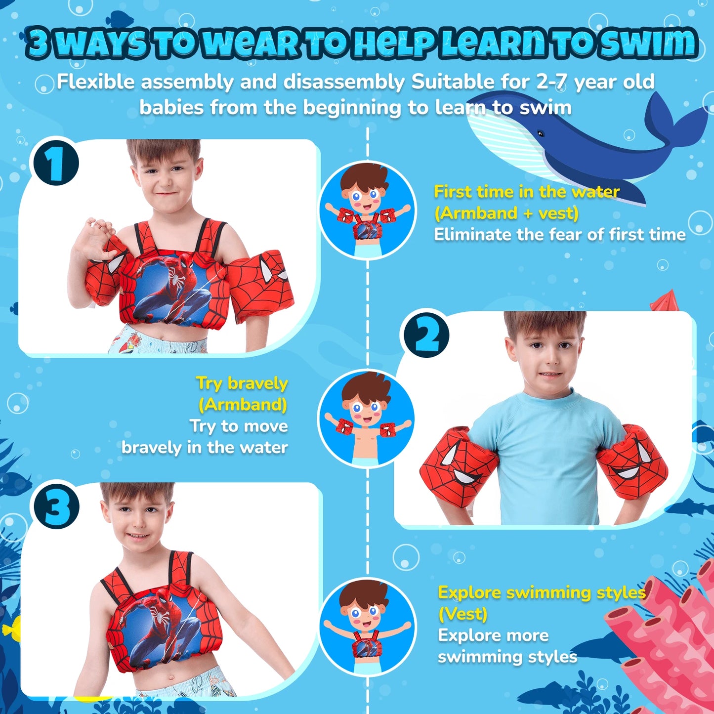 Disney Toddler Swim Vest, 3-In-1 Adjustable Toddler Floaties Kids 2-7 Years (22-66 Lbs), Detachable Pool Float & Arm Bands, Puddle Jumper Style For Pool, Beach, Swimming