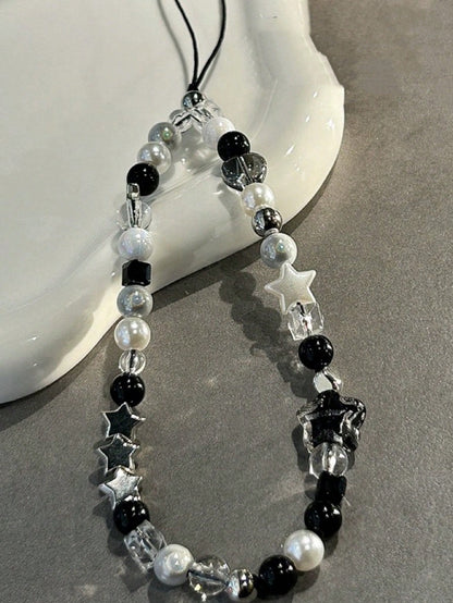 DIY Phone Lanyard, Korean Ins Style Transparent Star Phone Case Chain Strap, Cool Black Sexy Lady DIY Beaded Random Pearl Camera Strap Mobile Phone Anti-Lost Cord, Fashionable Decorative Accessories F