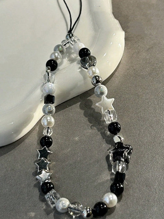DIY Phone Lanyard, Korean Ins Style Transparent Star Phone Case Chain Strap, Cool Black Sexy Lady DIY Beaded Random Pearl Camera Strap Mobile Phone Anti-Lost Cord, Fashionable Decorative Accessories F