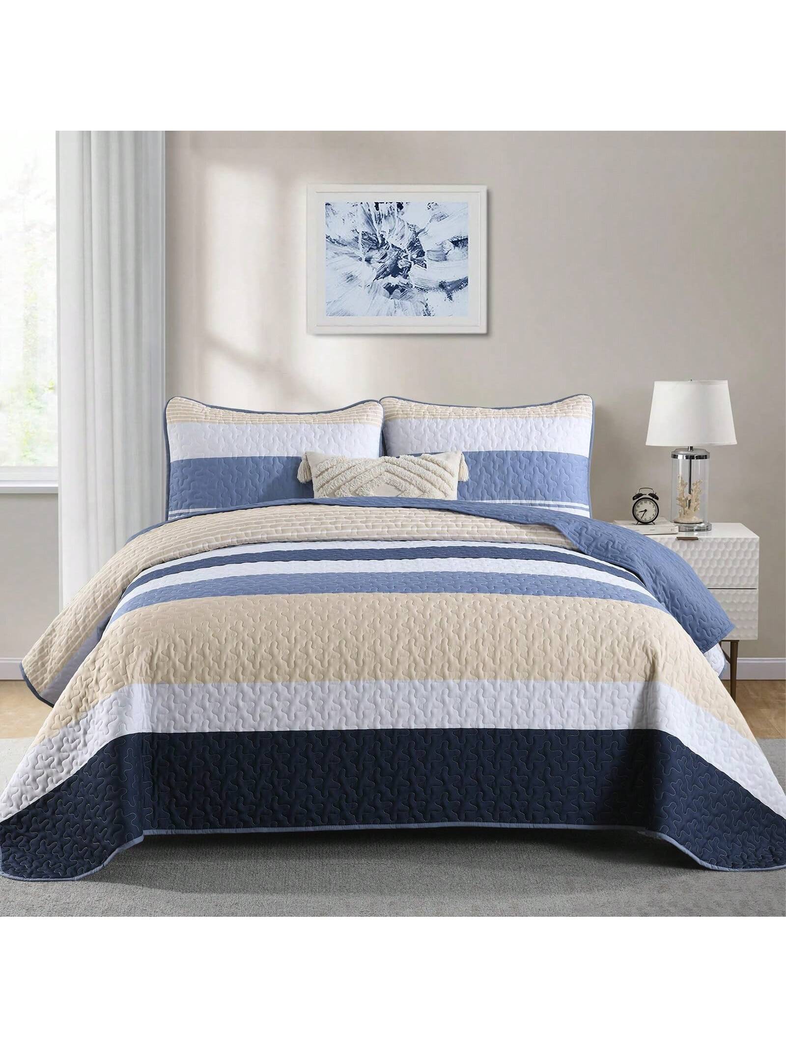 DJY 3 Pieces Orange Striped Quilt Set Queen King California King Size Boho Bedspread Coverlet Bed Set With Two Pillow Covers,Soft Lightweight Microfiber Floral Pattern,Summer Home Bed Room Decor,Wedd