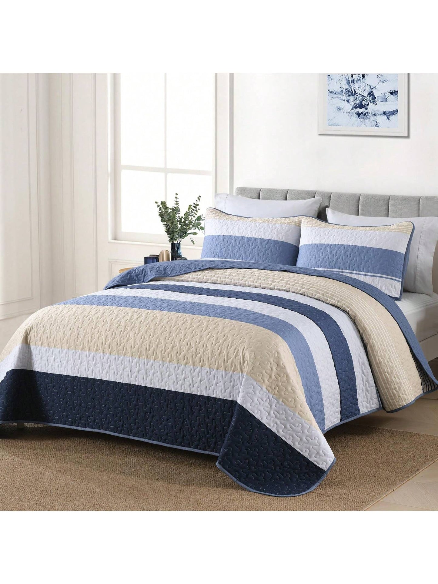 DJY 3 Pieces Orange Striped Quilt Set Queen King California King Size Boho Bedspread Coverlet Bed Set With Two Pillow Covers,Soft Lightweight Microfiber Floral Pattern,Summer Home Bed Room Decor,Wedd
